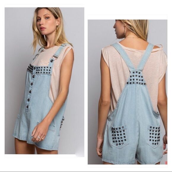 Pol Denim Overall Shorts With Side Pockets And Stud Details - Picture 1 of 16